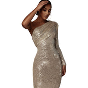 Effortlessly Dazzling Iced Glam One Shoulder Midi Dress in Gold, Silver, Black Size XS, S, M, L