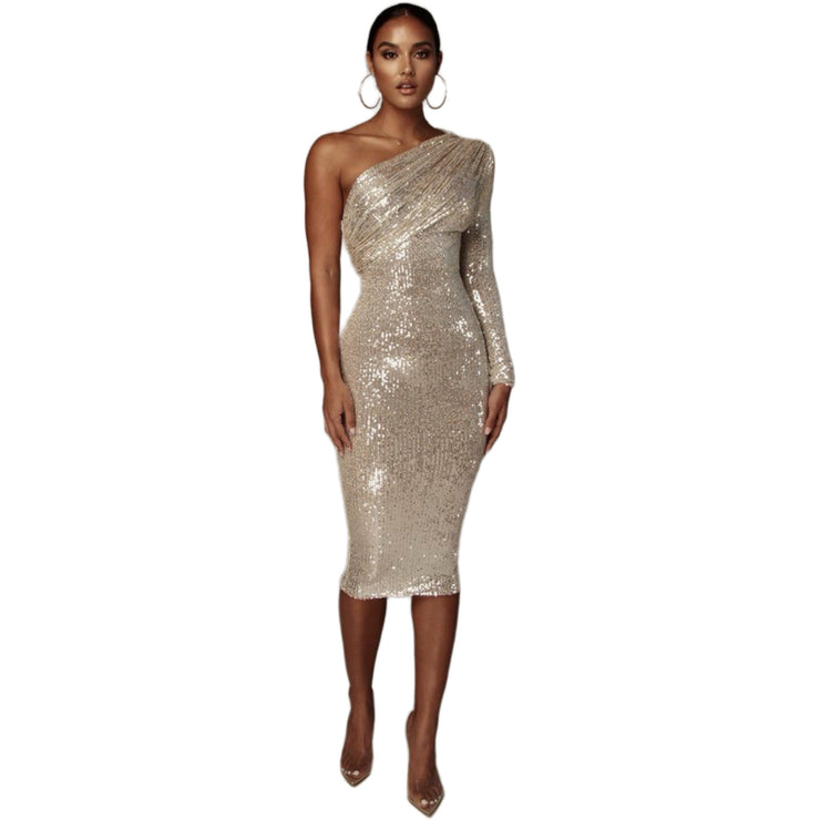 Effortlessly Dazzling Iced Glam One Shoulder Midi Dress in Gold, Silver, Black Size XS, S, M, L