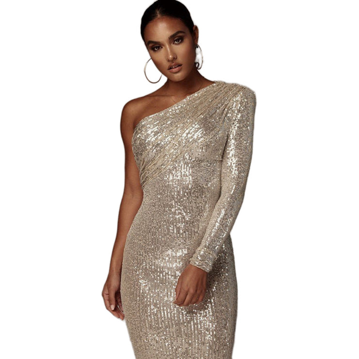 Effortlessly Dazzling Iced Glam One Shoulder Midi Dress in Gold, Silver, Black Size XS, S, M, L