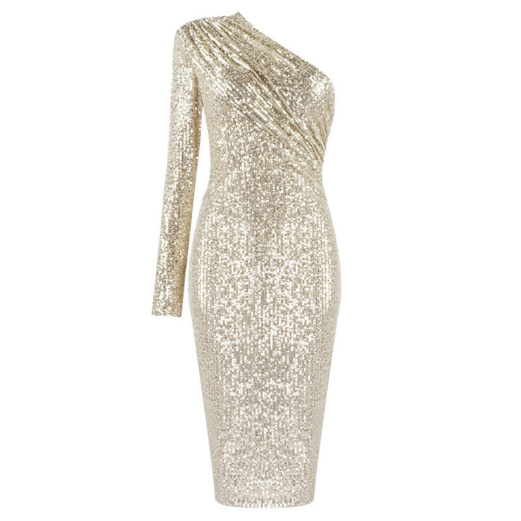 Effortlessly Dazzling Iced Glam One Shoulder Midi Dress in Gold, Silver, Black Size XS, S, M, L