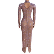 Queen B Gemstones Catwalk Award Maxi Dress Gown Ceremony Tassel Mesh Rhinestones Choker Cut Out in Gold Nude Size S, M, L, XL
