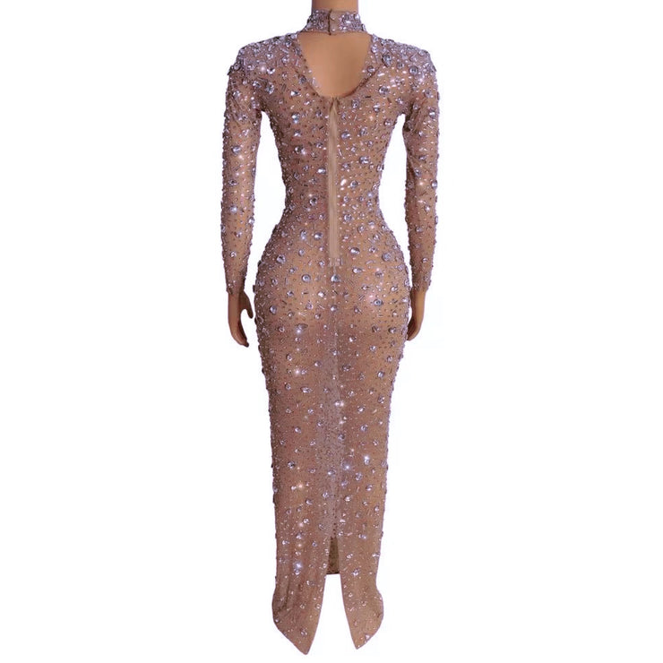 Queen B Gemstones Catwalk Award Maxi Dress Gown Ceremony Tassel Mesh Rhinestones Choker Cut Out in Gold Nude Size S, M, L, XL