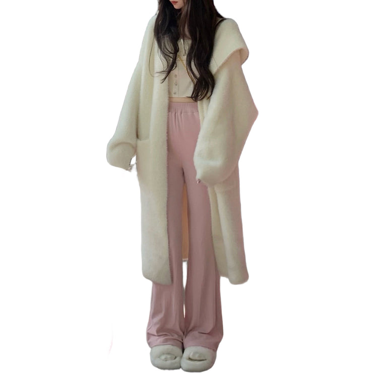 Sophie Hooded Faux Mink Long Cardigan Knit Handmade White Size S, M, L, XL, 2XL
