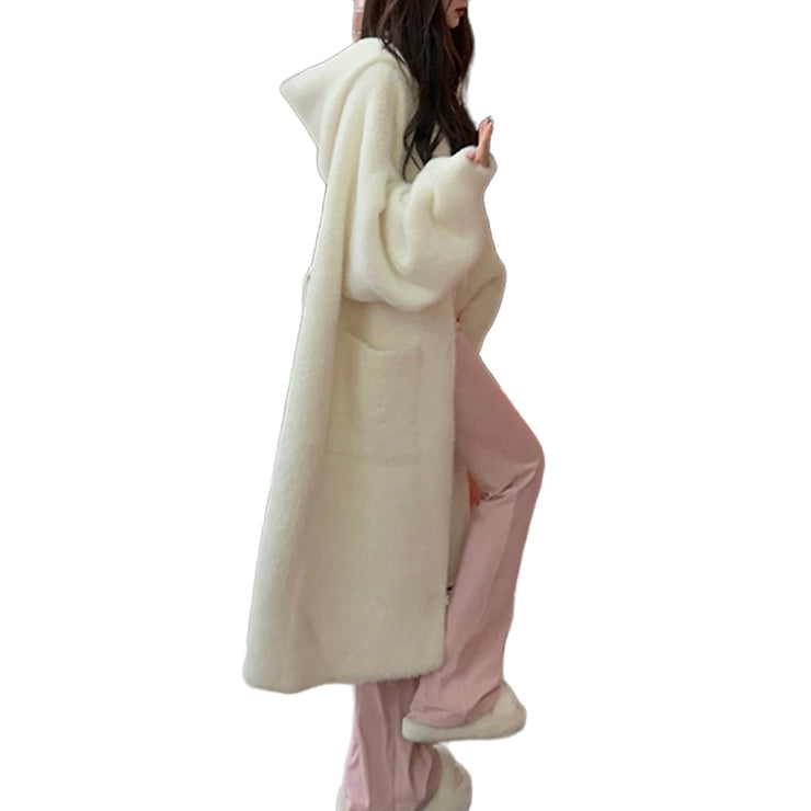 Sophie Hooded Faux Mink Long Cardigan Knit Handmade White Size S, M, L, XL, 2XL