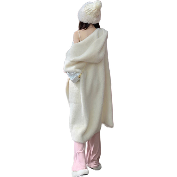 Sophie Hooded Faux Mink Long Cardigan Knit Handmade White Size S, M, L, XL, 2XL