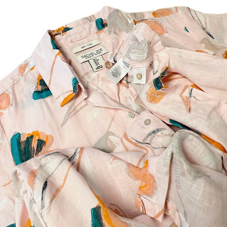Rachel Zoe Linen Dress Short Sleeves Pink Floral Size Small