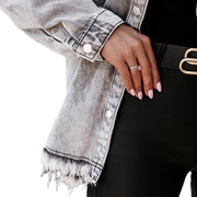 Retro Frayed Denim American Long Casual Jacket Lapel Light Gray Size S, L