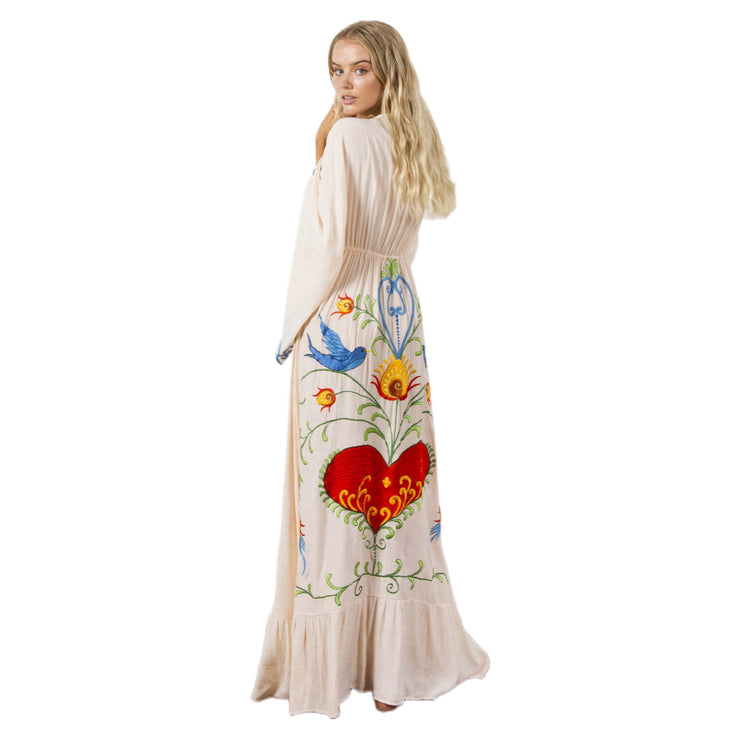 Boho Embroidered Hearts Maxi Dress Kimono Long Sleeved Tassel in White Size S, M, L, XL Boho Embroidered Hearts Maxi Dress Kimono Long Sleeved Tassel in White Size S, M, L, XL