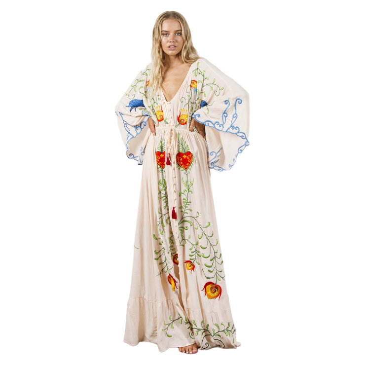 Boho Embroidered Hearts Maxi Dress Kimono Long Sleeved Tassel in White Size S, M, L, XL Boho Embroidered Hearts Maxi Dress Kimono Long Sleeved Tassel in White Size S, M, L, XL