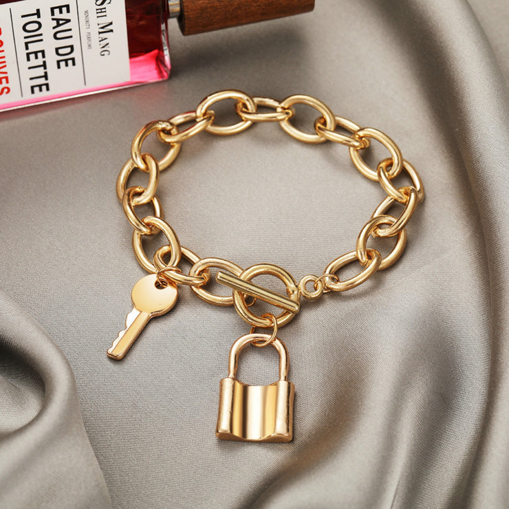 Thick Chain Charms Key & Lock Pendant Anklet Gold Bracelet for Knowledge, Success and Safety