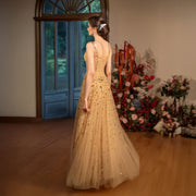 Princesse Sparkly Crystals Beaded Wedding Maxi Dress in Nude Champagne Size XS, S, M, L