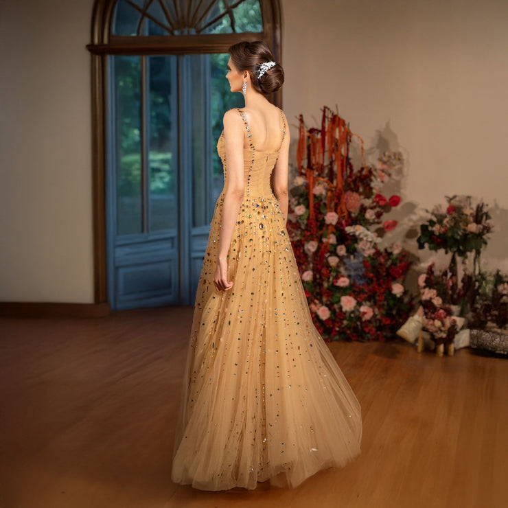 Princesse Sparkly Crystals Beaded Wedding Maxi Dress in Nude Champagne Size XS, S, M, L