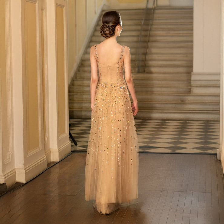 Princesse Sparkly Crystals Beaded Wedding Maxi Dress in Nude Champagne Size XS, S, M, L