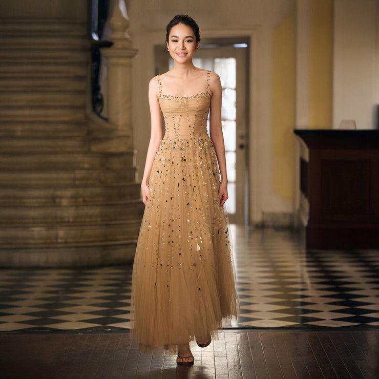 Princesse Sparkly Crystals Beaded Wedding Maxi Dress in Nude Champagne Size XS, S, M, L