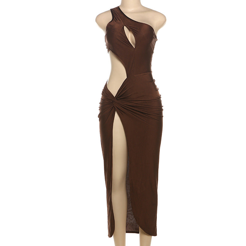 Midnight Asymmetric Maxi Midriff Side Slit Pleated Maxi Dress in Black ...