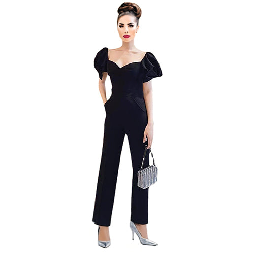Socialite High Waisted Jumpsuit Puffed Sleeve Asymmetrical Black Size S, M, L, XL