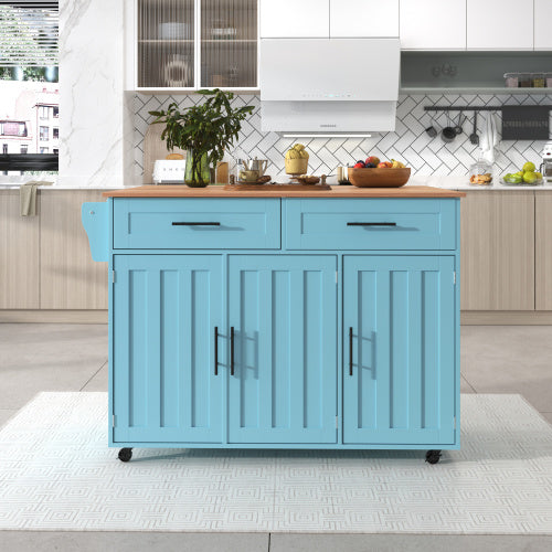 Tulum Impressions Kitchen Island Fiberboard Dining Cart Bookcase With Wood Folding Tabletop in Turquoise 51” x 28” x 36”