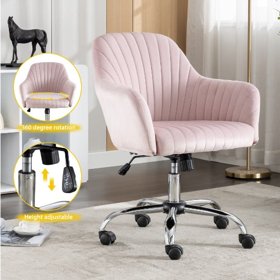 Pacific Seashell Inspo Modern Chair with Wheels Height Adjustable Casters Home Office Leisure Accent in Pink Velvet 25” x 20” x 32”