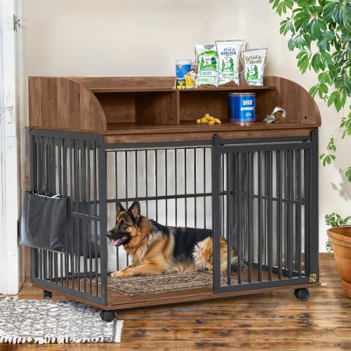 Maple Haven Wooden Indoor Pet Condo Lockable Kennel Heavy Duty with Wheels Suitable For Large Pets Table End Crate Double Storage in Brown 44” x 29” x 40”