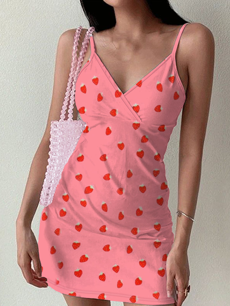 mini dress xxl Lounge Mini Dress Strawberry Print Pink Size S, M, L, XL, XXL Pink / XL