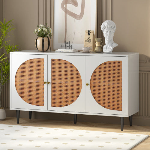 Zen Energy Modern White Sideboard with 3 Rattan-Adorned Doors and Metal Handles for Bedroom, Living Room, or Office