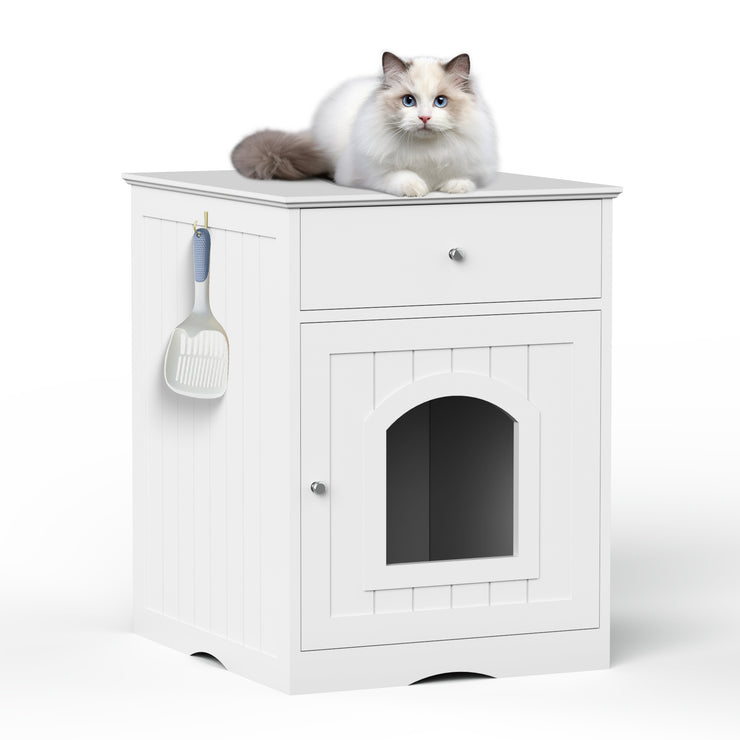 The Frenchie White House Wooden Pet House Furniture Litter Box Fence With Drawers for Cat, Bunny and Other Pets