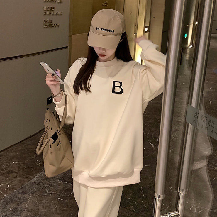 Celeb Sporty Outfit 2 PCS Set Letter B Sweatshirt and Pants Athleisure Beige Size S, M, L, XL, XXL