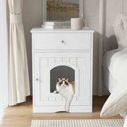 The Frenchie White House Wooden Pet House Furniture Litter Box Fence With Drawers for Cat, Bunny and Other Pets