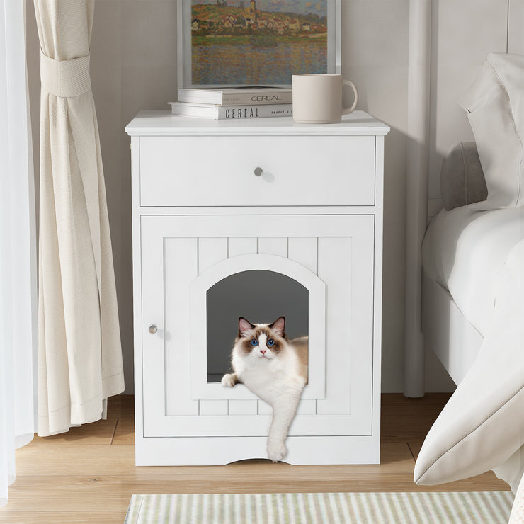 The Frenchie White House Wooden Pet House Furniture Litter Box Fence With Drawers for Cat, Bunny and Other Pets