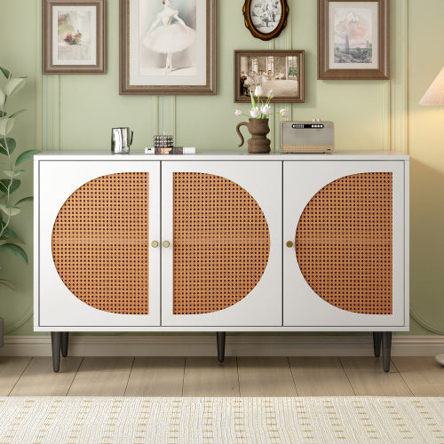 Zen Energy Modern White Sideboard with 3 Rattan-Adorned Doors and Metal Handles for Bedroom, Living Room, or Office