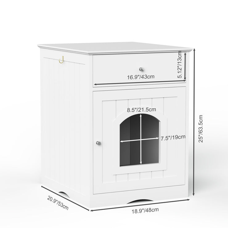The Frenchie White House Wooden Pet House Furniture Litter Box Fence With Drawers for Cat, Bunny and Other Pets
