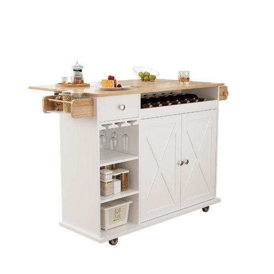 California Kitchen Island Organizer Trolley With Solid Wood Top, Wine Storage, Spice Rack, Towel Rack, Wine Glass Holder