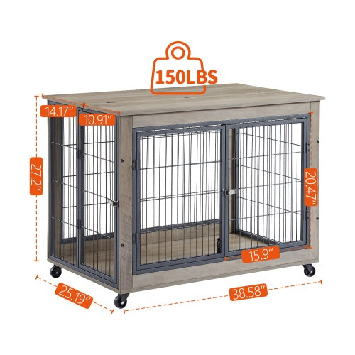 Slate Spot Pet Room Furniture Style Side Table With Wheels, Double Doors and a Raised Top for Dogs and Small Pets in Color Grey 38” x 25” x 27”