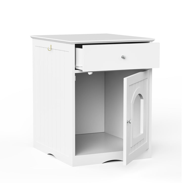 The Frenchie White House Wooden Pet House Furniture Litter Box Fence With Drawers for Cat, Bunny and Other Pets