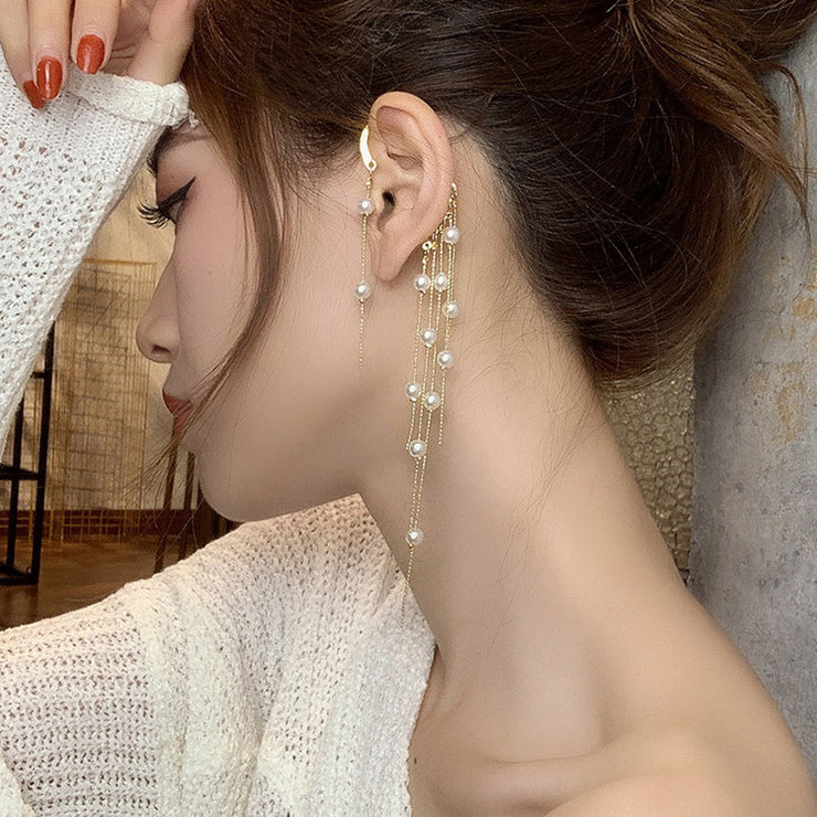 Pearl Goddess Gold Ear Clip Jewelry Tassel One Piece Extra Long Earrings 6.9”