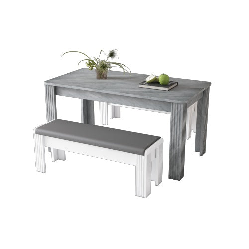 Contemporary Bottega Home (3 Pieces) Modern Chipboard Dining Table with Two Benches in White and Gray