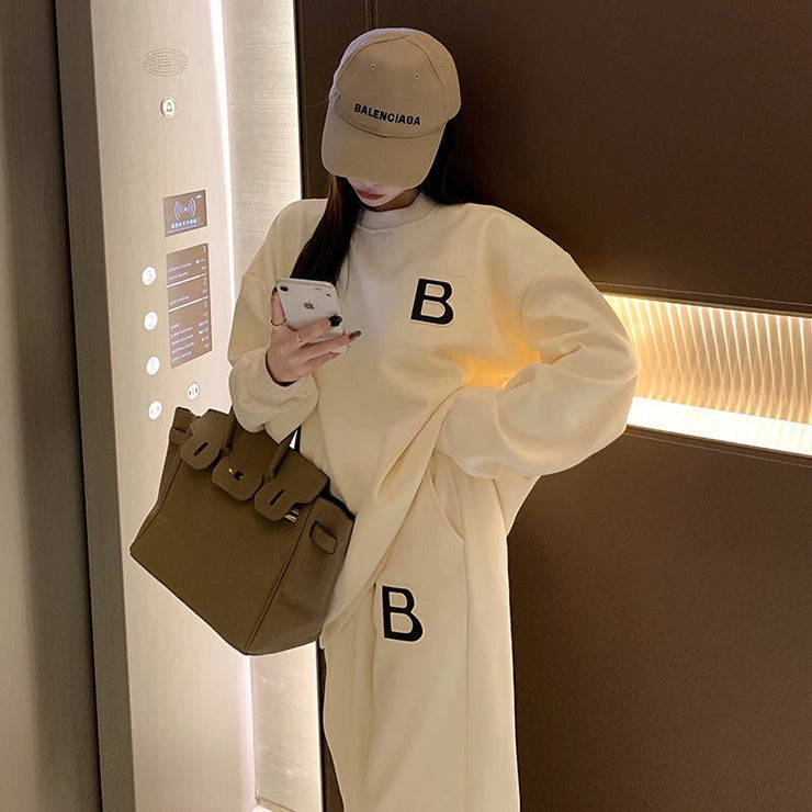 Celeb Sporty Outfit 2 PCS Set Letter B Sweatshirt and Pants Athleisure Beige Size S, M, L, XL, XXL