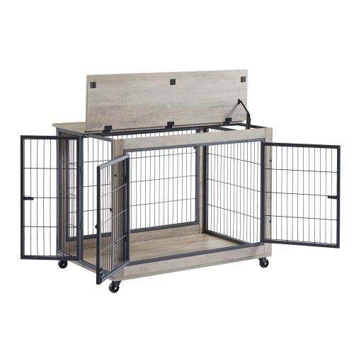 Slate Spot Pet Room Furniture Style Side Table With Wheels, Double Doors and a Raised Top for Dogs and Small Pets in Color Grey 38” x 25” x 27”
