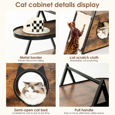 Cat & Meow Neoclassical Wood Triangular House with End Table Functional Vintage Style Cat Condo Pet Furniture 23L x 13W x 30H