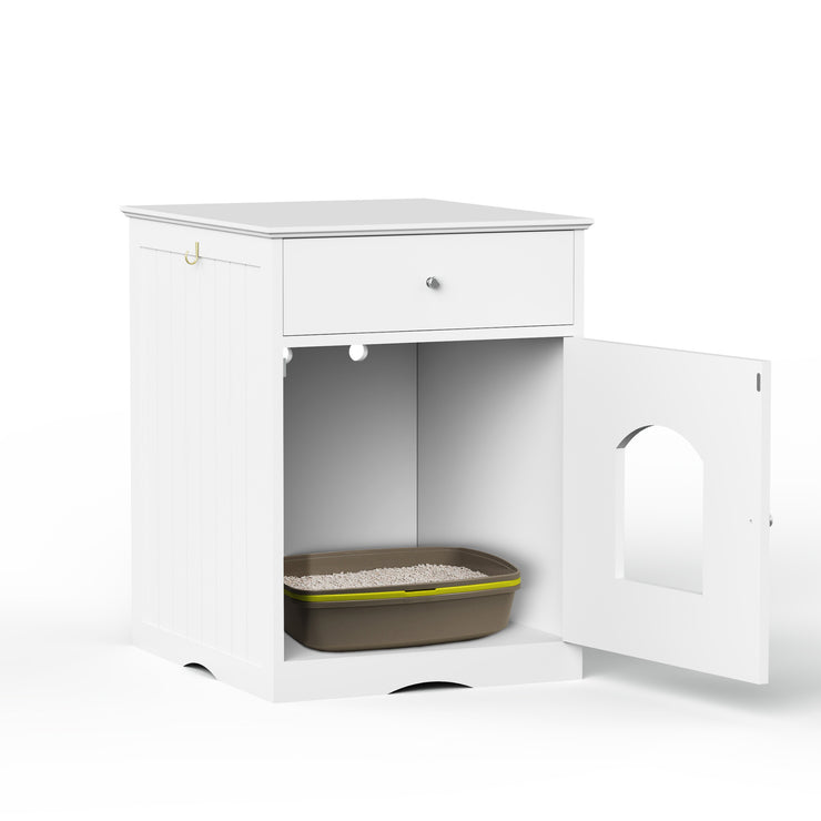 The Frenchie White House Wooden Pet House Furniture Litter Box Fence With Drawers for Cat, Bunny and Other Pets