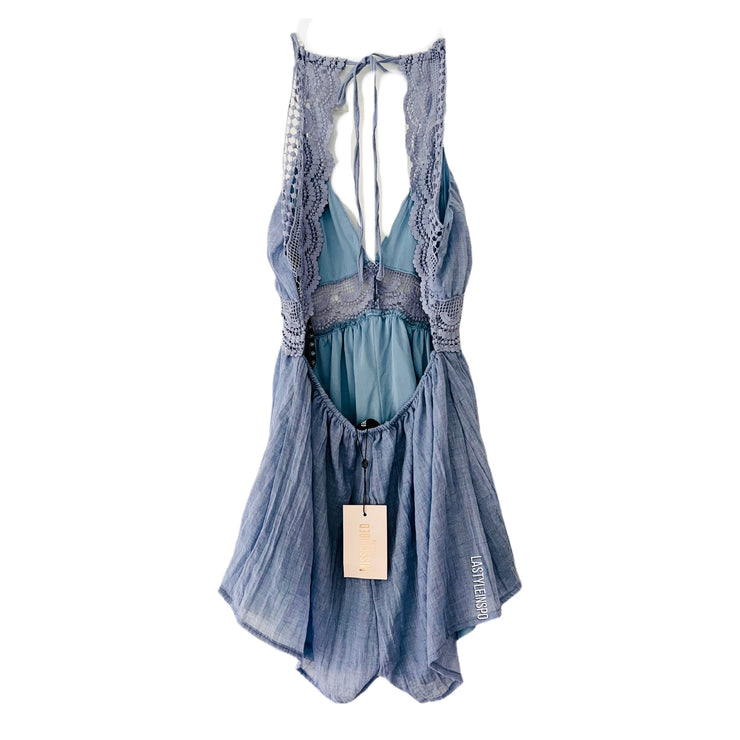 Missguided Romper Lace V Neck in Color Light Blue Size 4 Petite