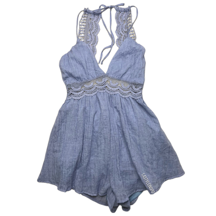 Missguided Romper Lace V Neck in Color Light Blue Size 4 Petite