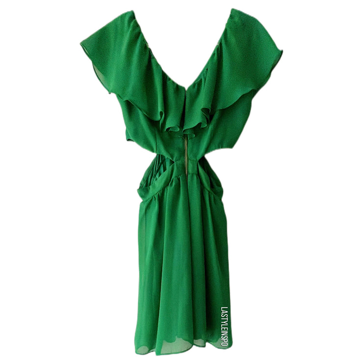 Honey Punch Mini Dress Cutout Waist Ruffled Sleeved Green Size Medium