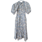 Exaggerated Puffed Bell Sleeved Maxi Dress Floral Blue Tan Size Small