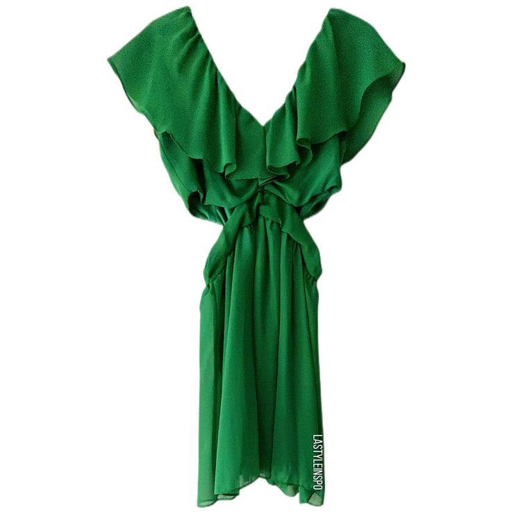 Honey Punch Mini Dress Cutout Waist Ruffled Sleeved Green Size Medium