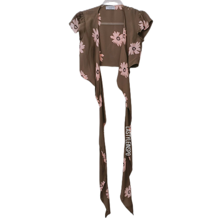 Flynn Skye Coachella Boho Blouse Floral Crop Top Tie Green Pink Size Small