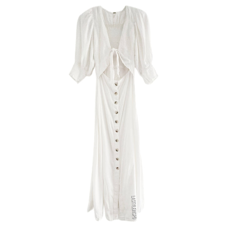 Free People Cut Out Maxi Dress Waist Boho Puff Sleeves White Size XS LA Style Inspo Free People Cut Out Maxi Dress Waist Boho Puff Sleeves White Size XS LA Style Inspo