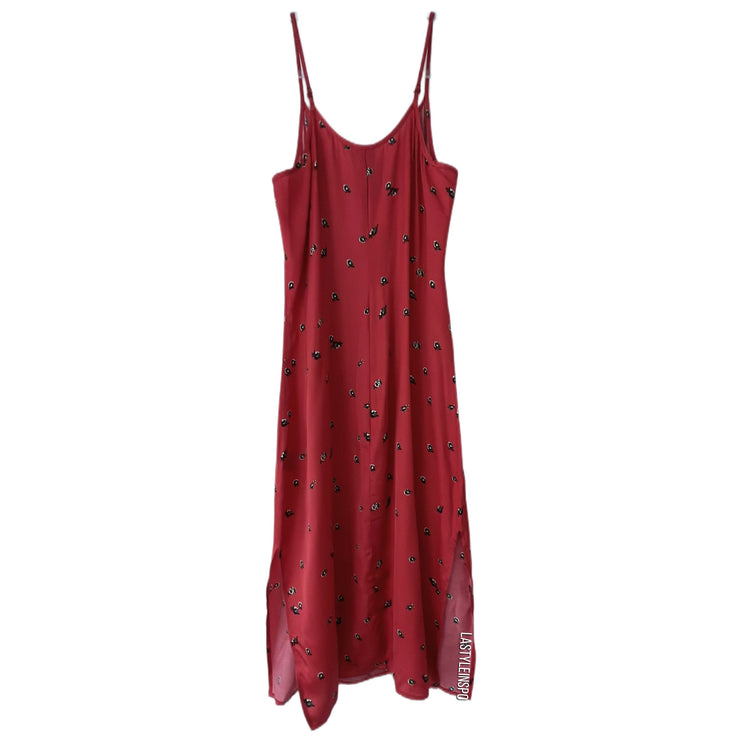 Knot Sisters Sided Slits Silky Floral Dress Red Size XS